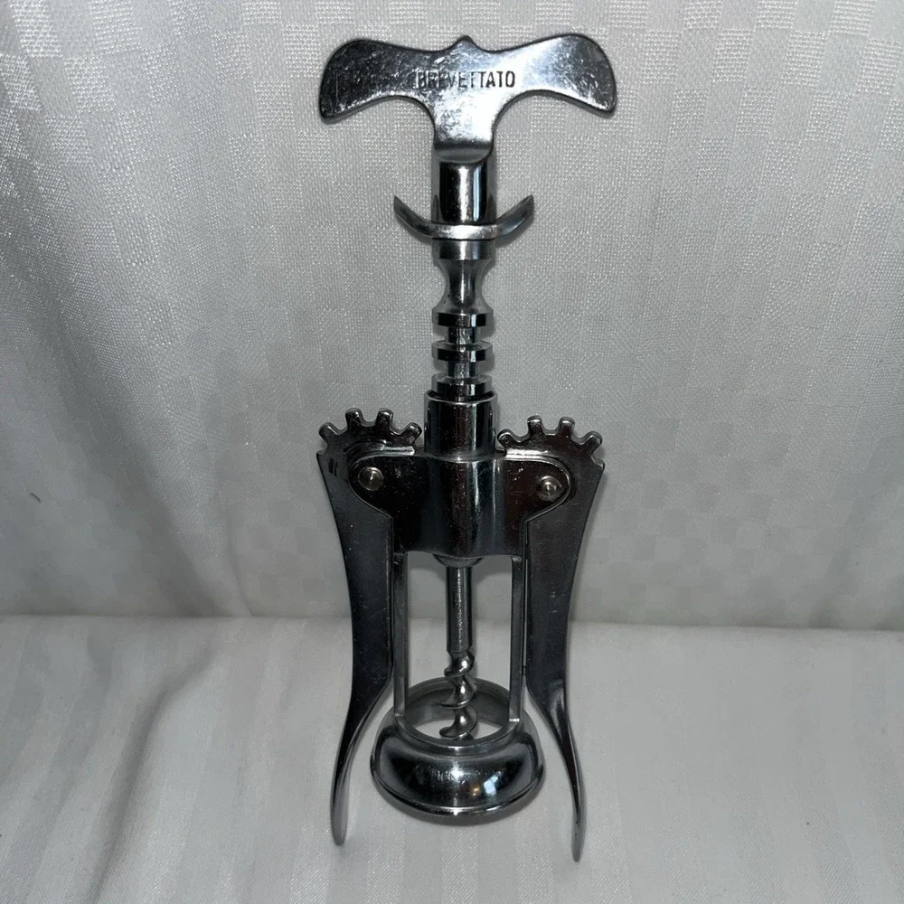 Vintage Brevettato Italy Plated Brass Wing Corkscrew Wine Opener w/Curved Handle